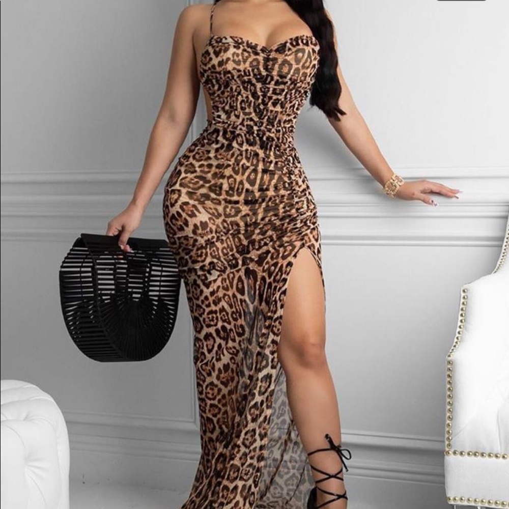Leopard Print Spaghetti Strap Backless Slit Dress